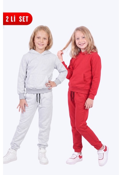 Fyk Kids 2'li Kız Çocuk Düz Kanguru Cepli Kapüşonlu 4 Parça Eşofman Takımı Gri-kırmızı