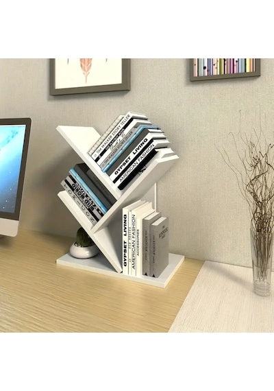 Ağaç 5 Raflı Dekoratif Kitaplık Eğimli Raflı Modern Masaüstü Kitaplık Beyaz Beyaz