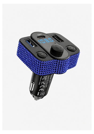 Araç İçi Saks Mavisi Kristal Taşlı Fm Transmitter Bluetooth Usb Type-c Oto Çakmaklık
