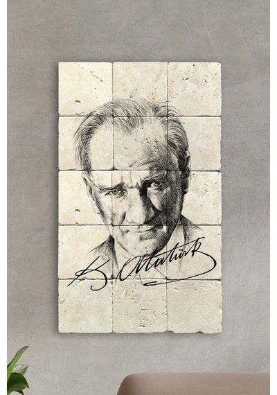 Doğal Taş Tablo - Atatürk Portresi Ve Atatürk Imzalı Tablo - Duvar Dekoru 30x50cm