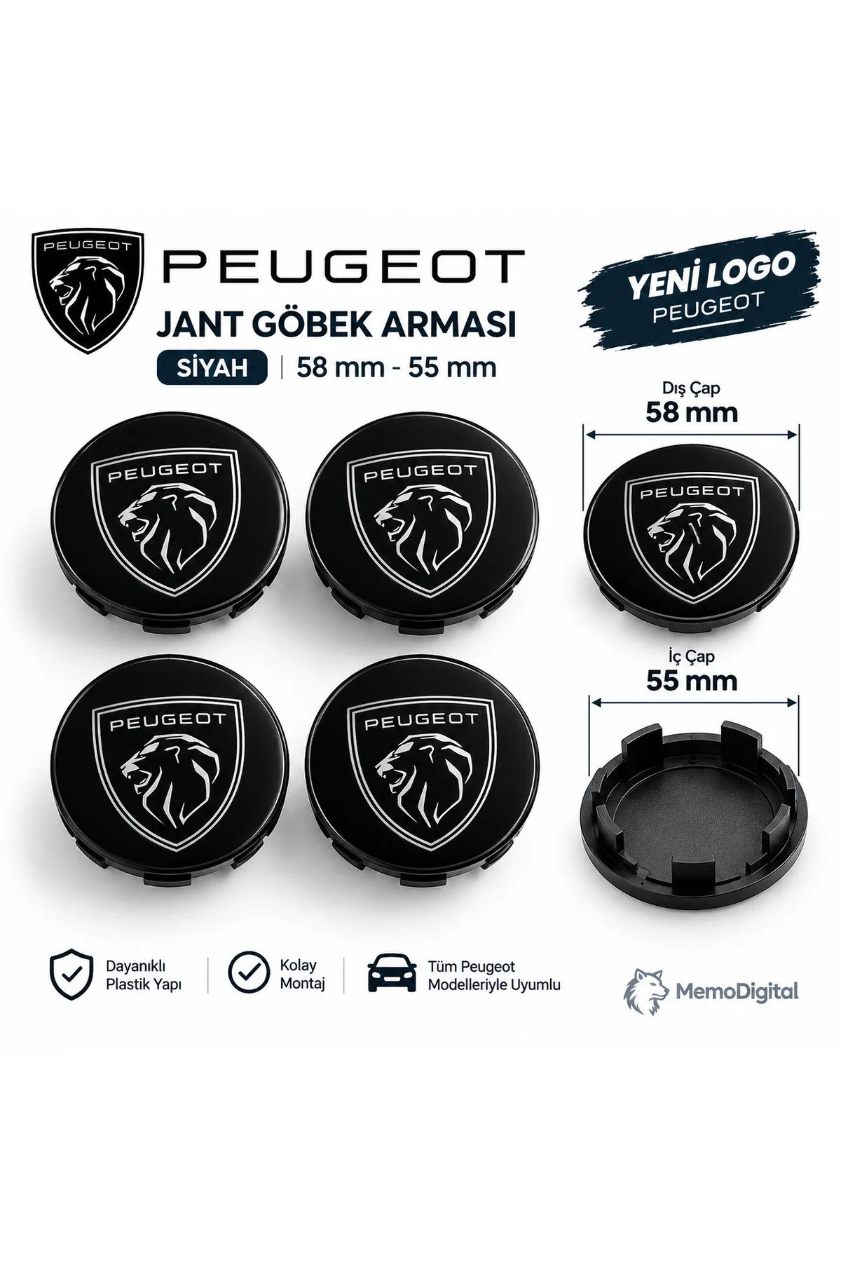 Universal Peugeot Yeni Logo Jant Göbeği Dış Çap 58 Mm İç Çap 55 Mm