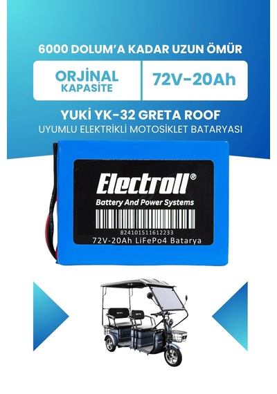 Yuki Yk-32 Greta Roof Uyumlu Batarya Standart Kapasite Lifepo4 72v 20ah Elektrikli Motosiklet Bataryası