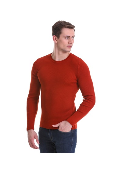 Hatemoğlu Kiremit Slim Fit Fitilli Bisiklet Yaka Yünlü Triko Kazak 3412202 Kiremit