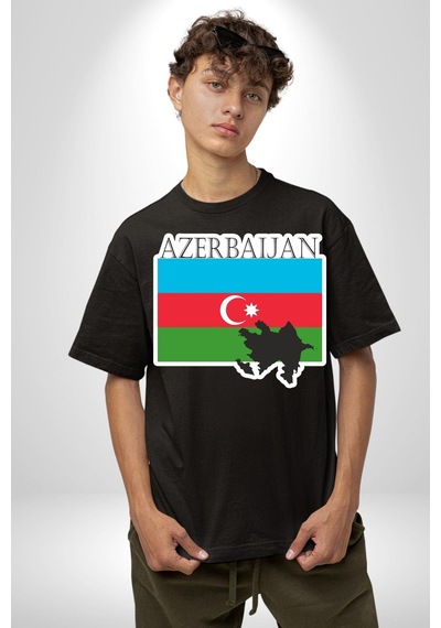 Azerbeycan Bayrak Ülke Pamuklu Bisiklet Yaka Unisex Oversize Boyfriend Dijital Baskılı Siyah T-shirt Siyah