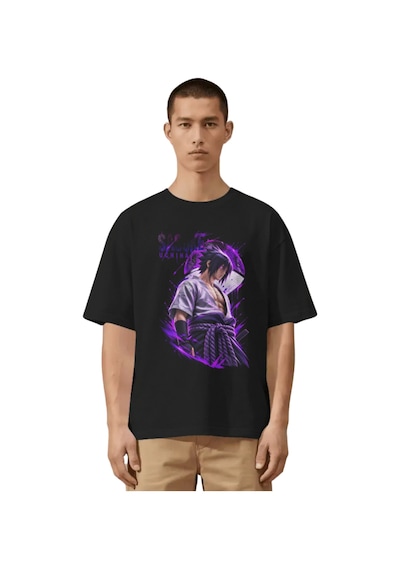 Unisex Oversize Sasuke Uchiha Naruto Anime Karakter Ön Baskılı Pr Siyah
