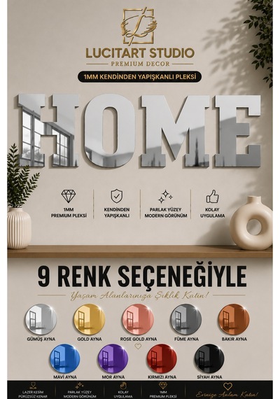 Studio Home Dekoratif Duvar Yazısı 1 Mm Kendinden Yapışkanlı Aynalı Pleksi 9 Renk Seçeneği Gümüş