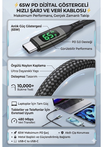 65w Lcd Ekranlı Type-c To Type-c Ultra Hızlı Şarj Ve Data Kablosu 1 Metre Mt2215