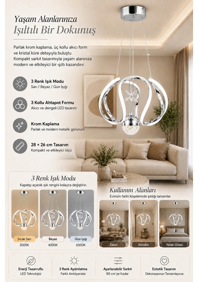 Ey-El Tasarım Modern Sarkıt Led Avize A++ Plus Krom