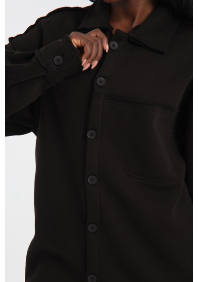 R-5750 Ceket Yaka Pis Dikişli Üç İplik Şardonlu Sweatshirt Siyah