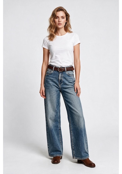 Marsel&leon Marsel Leon Kadın Yüksek Bel Geniş Paça Baggy Jean Pantolon Denim Kumaş Mavi