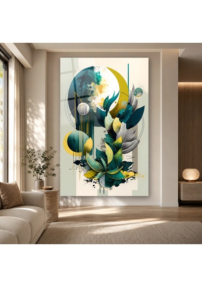 Yeşil Sarı Küreler Ve Bitki Formları Çerçevesiz Cam Tablo