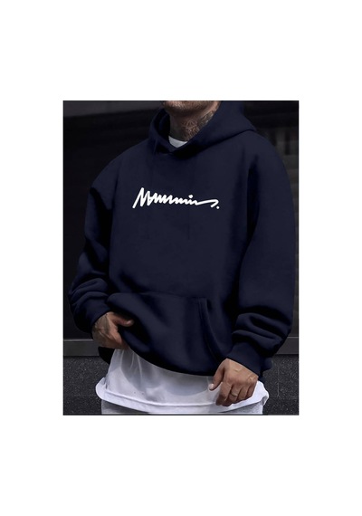 Medinenur Erkek El Yazılı Baskılı Kapüşonlu Sweatshirt Lacivert