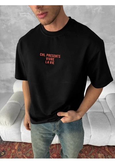Yake Store Ön Ve Arka Baskılı Oversize Bisiklet Yaka T-shirt- Siyah - Siyah