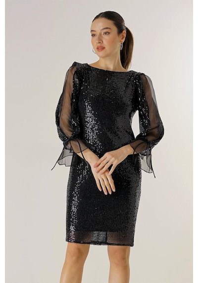 By Saygı Kolları Yarım Organze Astarlı Pulpayet Geniş Beden Aaralıklı Elbise-35504-siyah