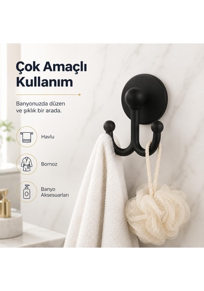 Lexroo Lotus Siyah Çiftli Lüx Bornoz Ve Havlu Askılığı, Yapışkanlı Ve Vidalı Montajlı Duvar Askısı
