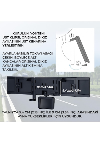 Polham Kavisli Ultra Geniş Araç İçi Dikiz Aynası Ekstra Yan Ve Kör Nokta Aynalı, Tüm Araçlara Uyumlu