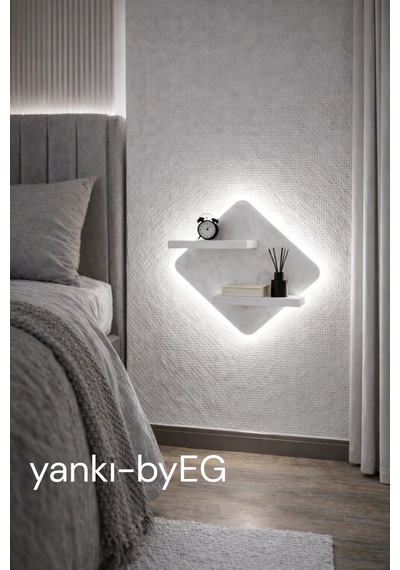 Yankı-byeg Mat Beyaz Mdf Led Işıklı Elektrik Bağlantılı Uçan Duvar Rafı Aydınlatma Dekoratif Raf Beyaz