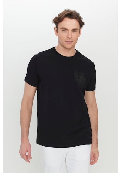 Erkek Sıyah Pamuklu Slim Fit Dar Kesim Baskılı Esnek Tişört SIYAH