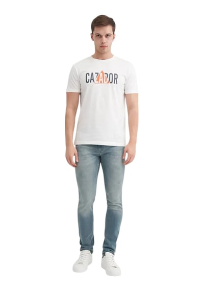 Slim Fit Bisiklet Yaka Pamuklu Baskılı Tişört Ekru