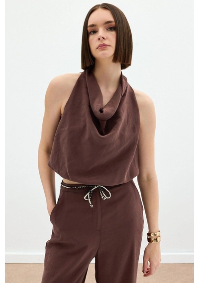 Sateen Degaje Yaka Bluz - Kahve Kahve