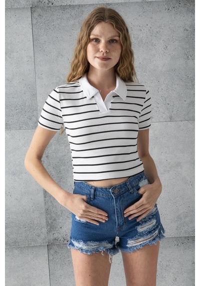 Giysa Kadın Polo Yaka Çizgili Pamuklu T-shirt Beyaz Siyah - 25795 Beyaz - Siyah