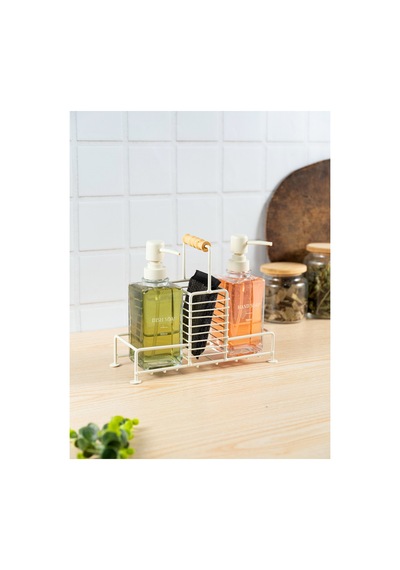 Buççin Online Mağaza Soft Dokulu Metal Stantlı 500 Ml İkili Kare Cam Sıvı Sabunluk Deterjanlık Metal Krem Çok Renkli
