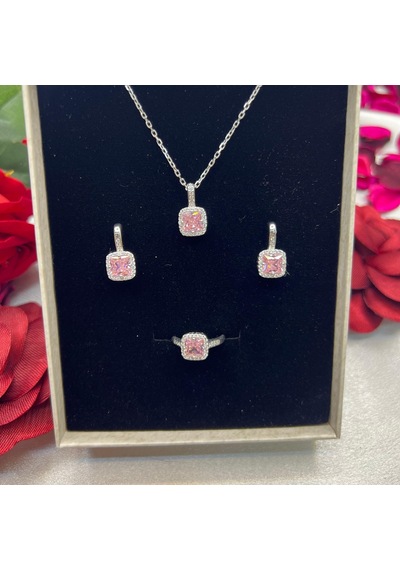 Pembe Kare Kadın 3'lü Takı Seti 925 Ayar Gümüş Zirkon Taşlı Gümüş