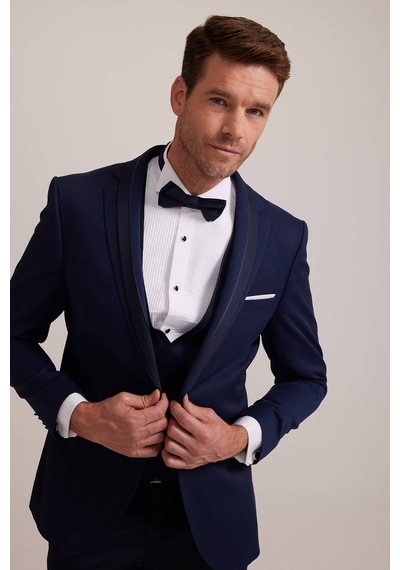 Ysf Erkek Açık Mavi Slim Fit Yelekli Şal Yaka Damatlık