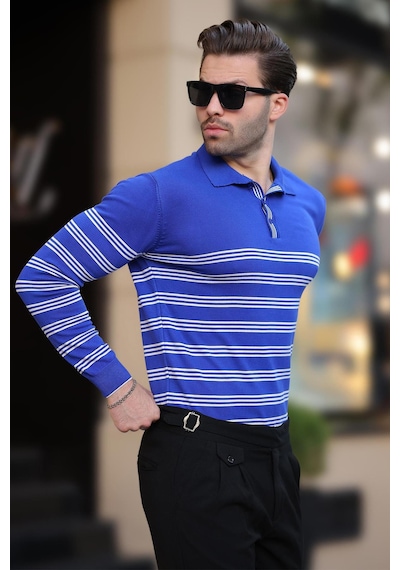 Madmext Saks Düğmeli Polo Yaka Çizgili Uzun Kollu Kazak 7270 Saks