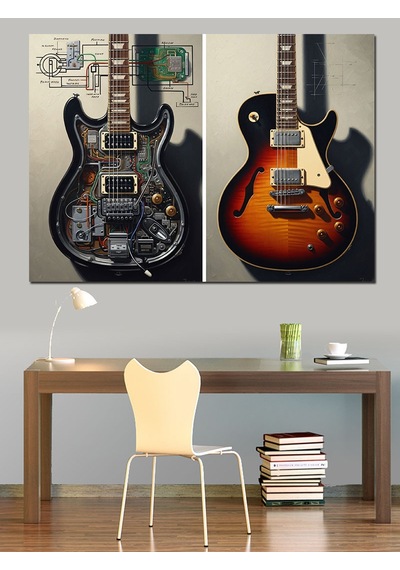 Ahşap Tablo Gitar Ve Müzik Temalı Çizimler