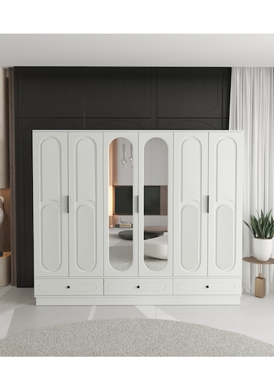 Derin 6 Kapaklı Çekmeceli Bazalı Gardırop - Tamamı Mdf Beyaz