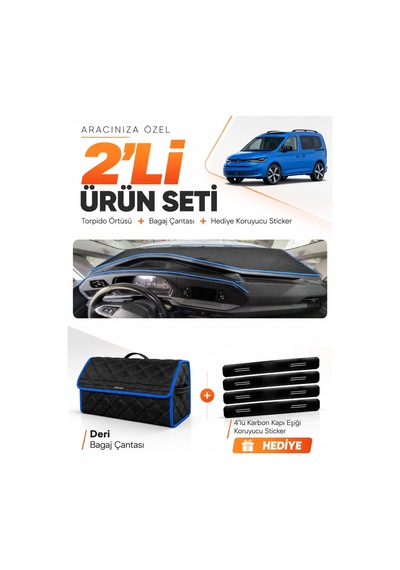 Volkswagen Caddy 2022-2026 Uyumlu Torpido Örtüsü + Deri Bagaj Çantası + Sticker Seti - Siyah Mavi