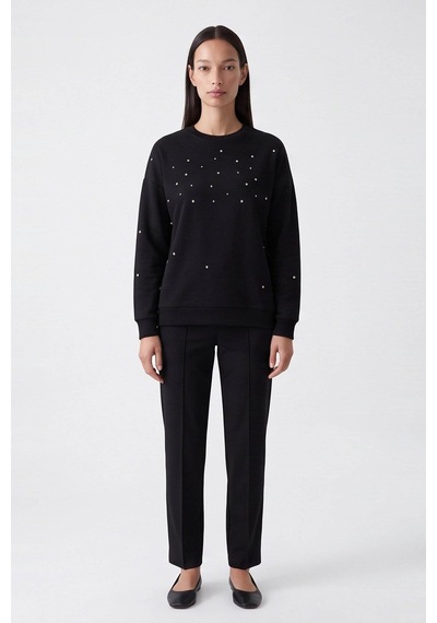 Fashion Friends Baskılı Taş Detaylı Siyah Kadın Sweatshirt 26k0151k1