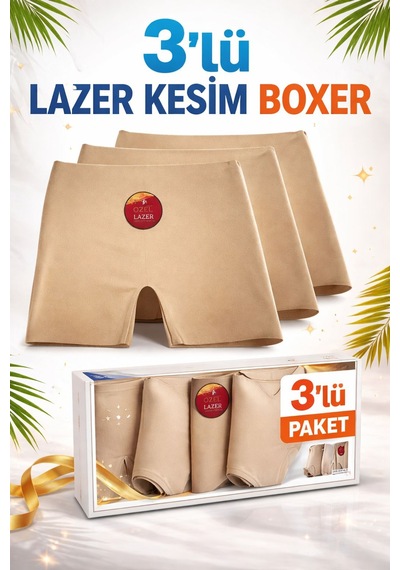 Qulat 3 Lü Kadın Lazer Kesim Boxer Siyah Beyaz Ten Karışık Dikişsiz Yüksek Bel Esnek Külot Ten