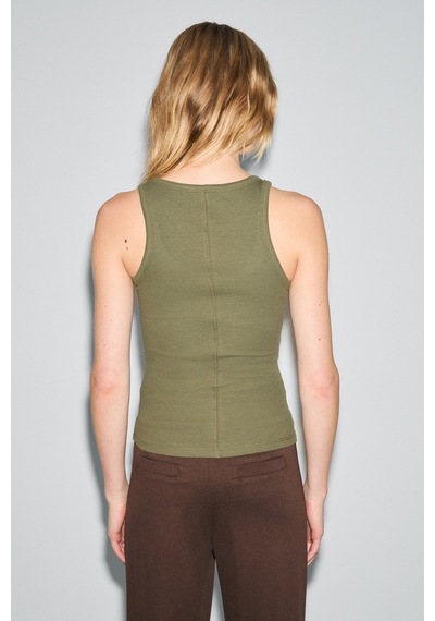 Ethıquet Lıllesol Kadın Fitilli Görünümlü Slim Fit Vücuda Oturan Havuz Yakalı Pamuklu Basic Haki Taş