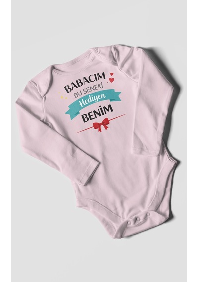 Morivokids Babacım Bu Seneki Hediyen Benim Uzun Kollu Bebek Body %100 Pamuk Bebe Pembe
