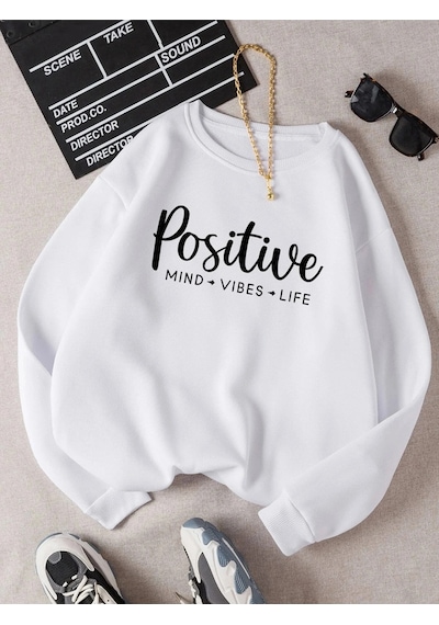 Startmore Kadın Positive Renkli Oversize Bisiklet Yaka Pamuklu Sweatshirt Beyaz Beyaz
