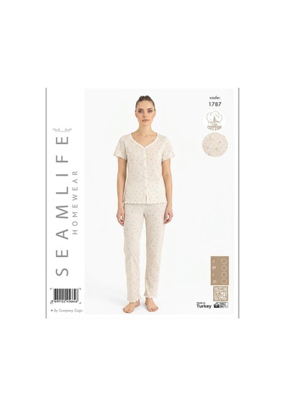 Seamlife Kadın %100 Pamuk Kalp Desenli Önü Düğmeli Kısa Kollu Pijama Takımı 18121787 Ekru