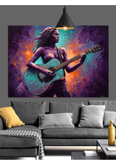 Mor Işıkta Gitar Çalan Kadın Dekoratif Kanvas - Mdf Ahşap Tablo