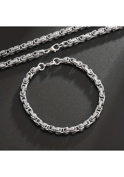 Silver Renk Tamamı Saf Çelik Kral Erkek Kolye Bileklik Set 4mm Gümüş