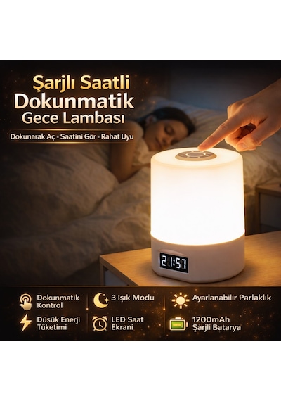 Polham 1200mah Şarjlı Saatli Dokunmatik Led Masa Lambası, 3 Işık Modlu, Parlaklık Ayarlı Gece Lambası Beyaz