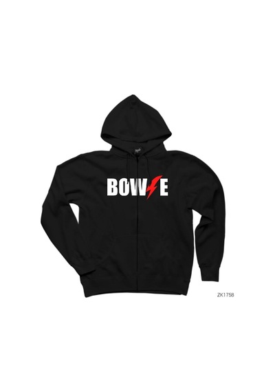 David Bowie Logo Siyah Fermuarlı Kapşonlu Sweatshirt Siyah