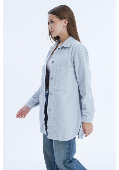 Selectmoda Kadın Çift Cepli Düğme Kapamalı Fitilli Gömlek Mavi