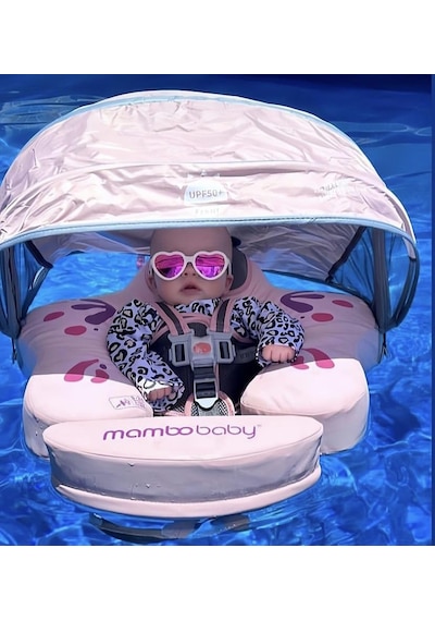 Mambobaby Yüzme Simidi - Pembe Kelebek, Emniyetli, Gölgelikli Ve Ayak Destekli