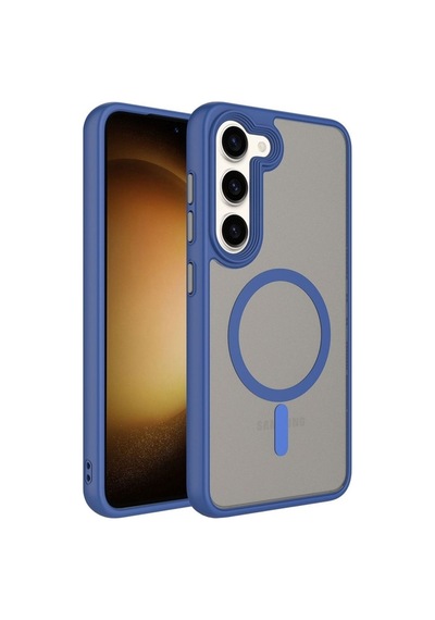 Samsung Galaxy Uyumlu S23 Kılıf Mat Arka Yüzey Wireless Şarj Özellikli Zore Flet M-safe Kapak Mavi