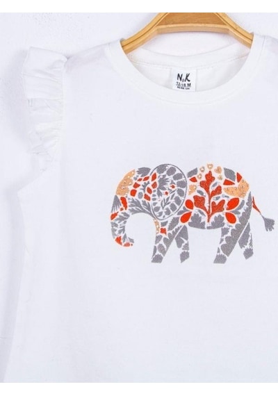 Nk Kids Kız Bebek Pamuklu Taşlı Fil Baskılı Tshirt-15659 Ekru