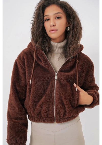 Defymoda 5193 Kapüşonlu Peluş Crop Ceket - Kahverengi Kahverengi