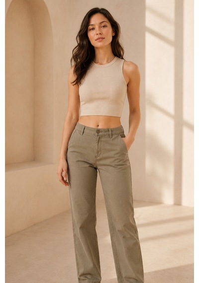 Loule Kadın Bisiklet Yaka Kolsuz Fitilli Crop Top Bej Pamuklu