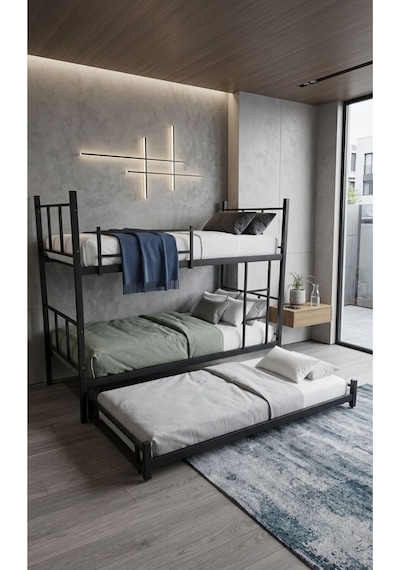 Yavrulu Ranza 90x190 Yatak Uyumlu 3 Kişilik Siyah Metal Ranza Karyola 60 x 120 CM Yavrulu Ranza 90x190 Yatak Uyumlu 3 Kişilik Siyah Metal Ranza Karyola 60 x 120 CM
