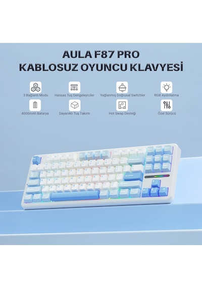 Aula F87 Pro Mekanik Rgb Tkl Graywood V3 Switch Kablosuz Makrolu Hot Swap Klavye Buz Mavi